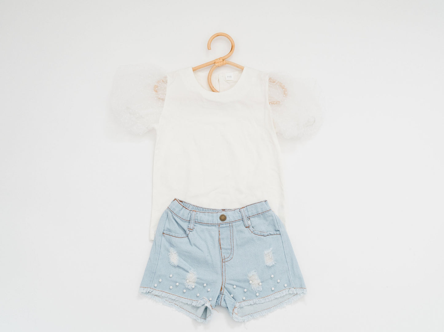 Puff Sleeve Top & Denim Pearl Shorts Set