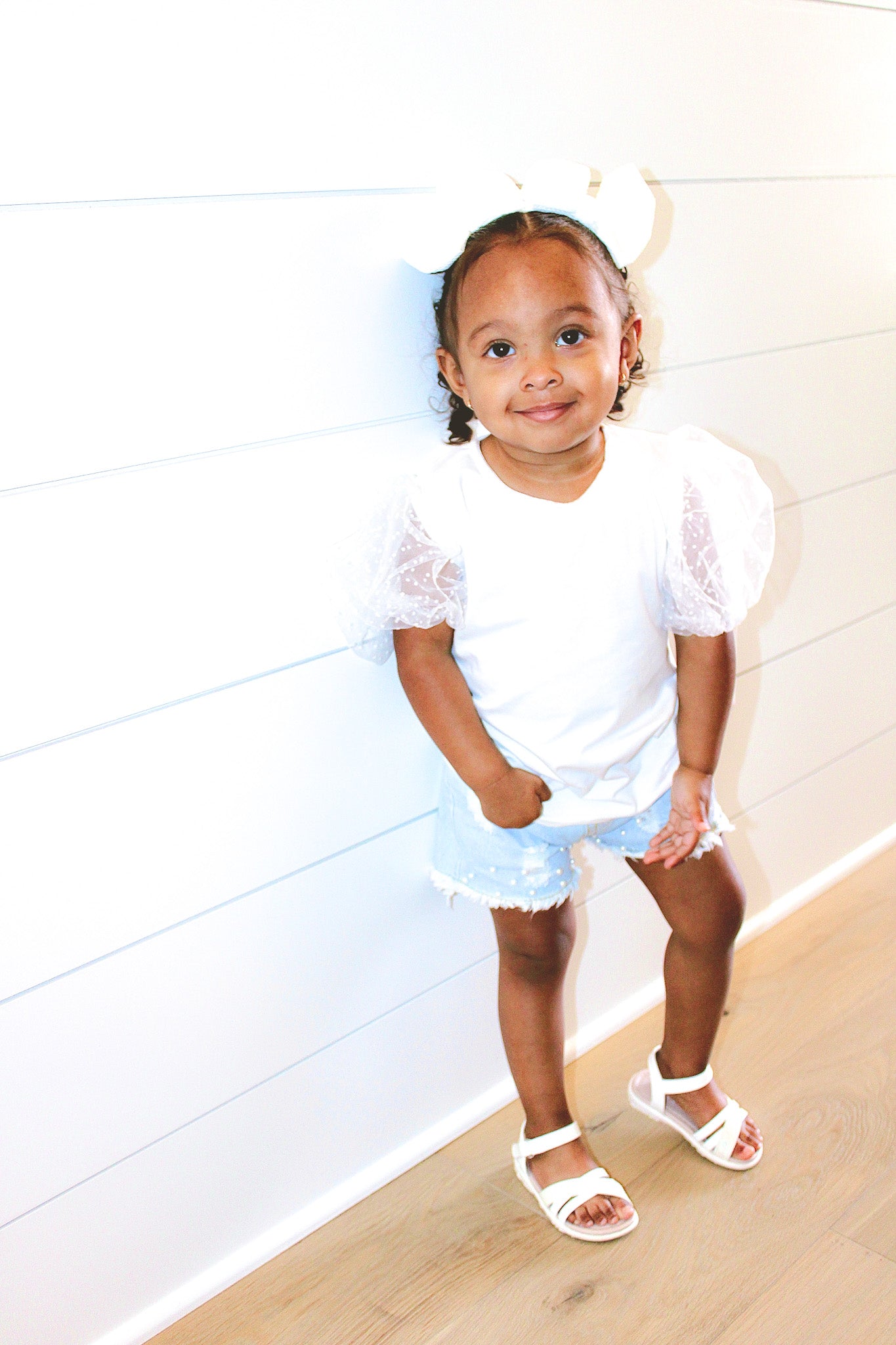 Puff Sleeve Top & Denim Pearl Shorts Set
