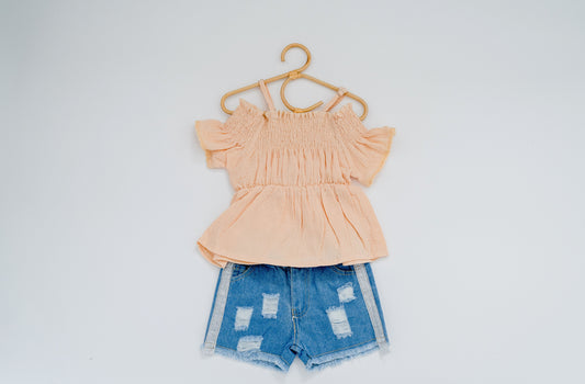 Peach Smocked Top With Denim Shorts (FINAL SALE)